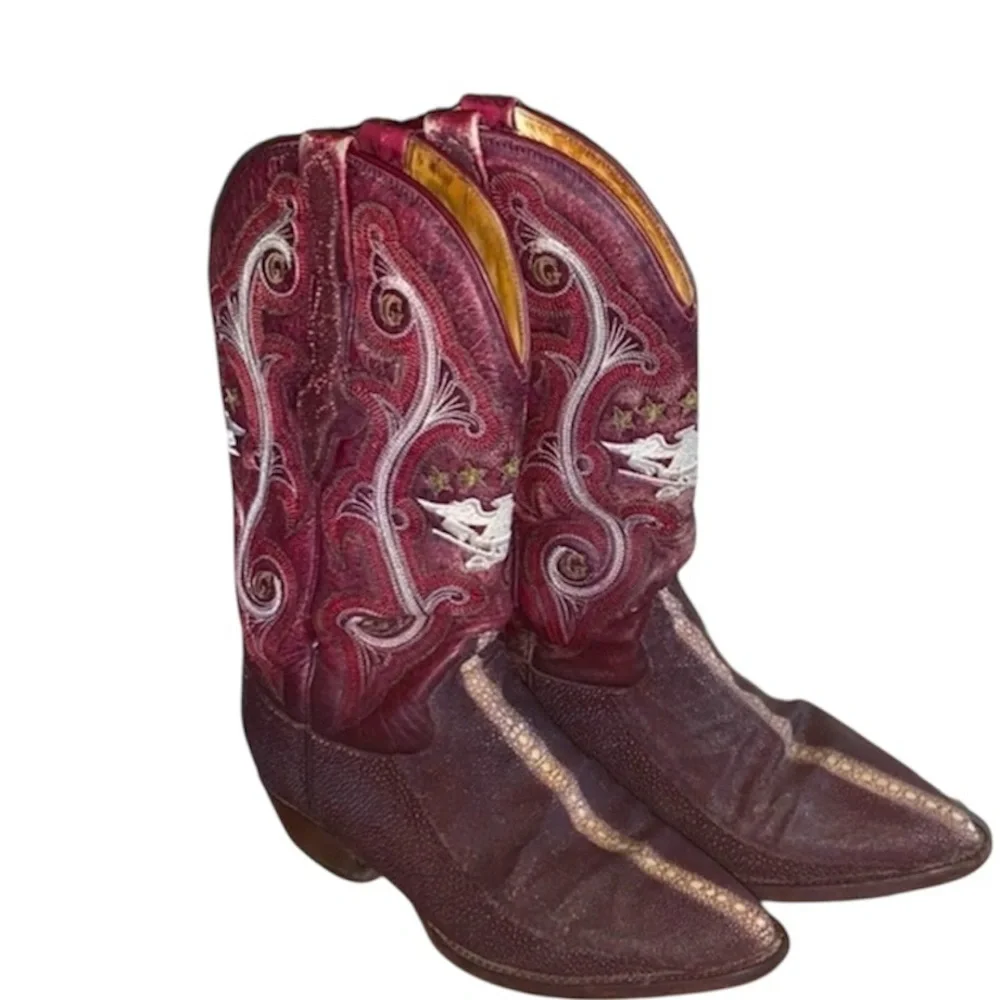 EL GENERAL cowboy boots, burgundy stingray, fancy eagle stitching. 6 VRG GUC